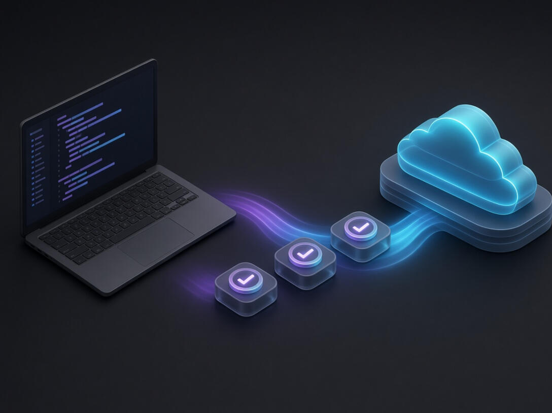 A laptop editor connected through three CI check gates to a cloud org by a violet-to-cyan path
