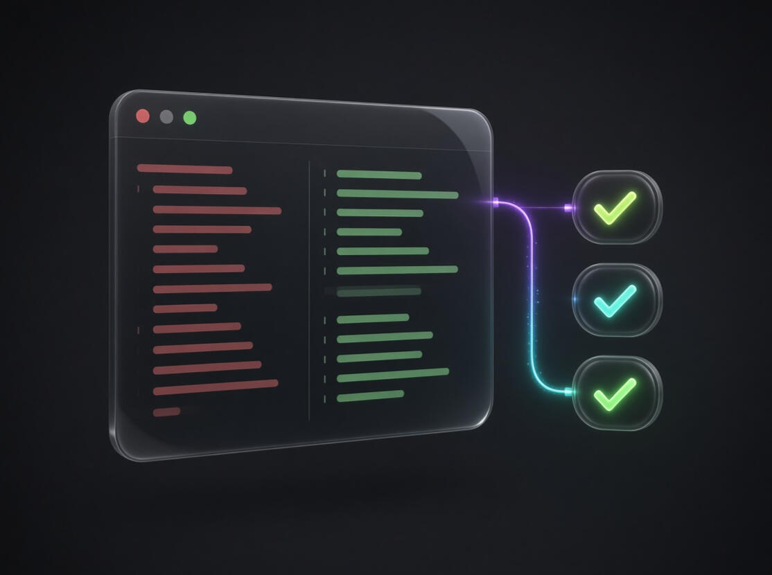 A code diff window feeding three green check gates