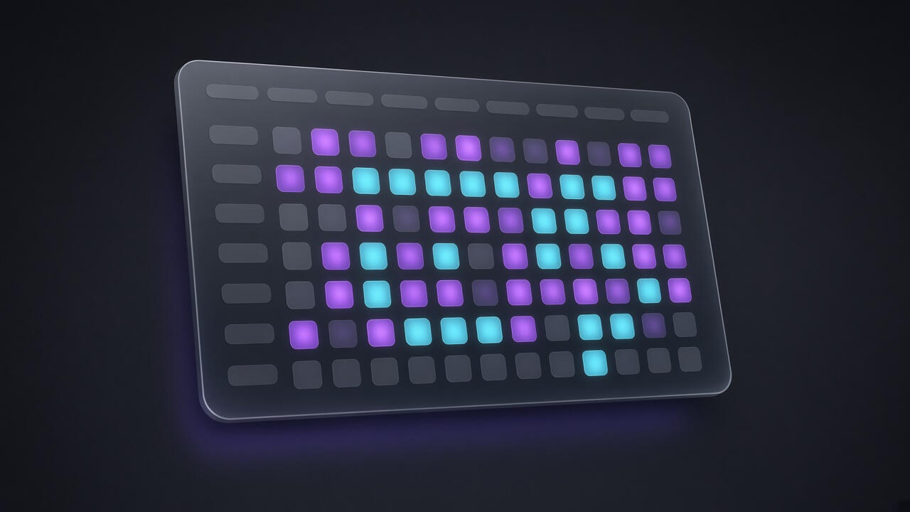 A permission matrix grid with violet and cyan cells lit.